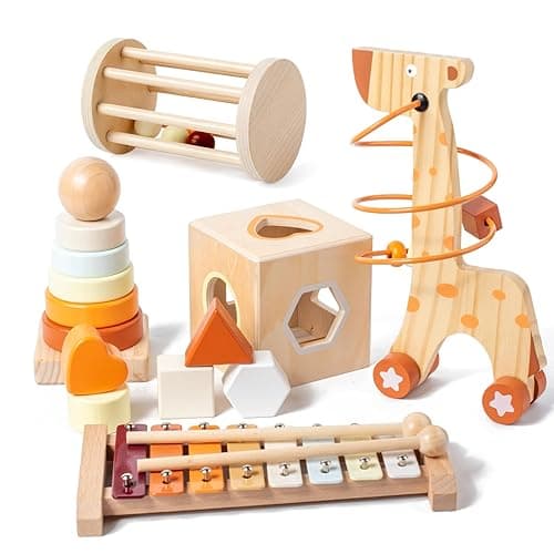 Montessori Toys for 1-3 Year Old, Baby Toys 12-18 Months, Wooden Stacking Rings Toy for Toddlers, Shape Sorting Cube, Xylophone, Preschool Sensory Developmental Educational Toy for Babies