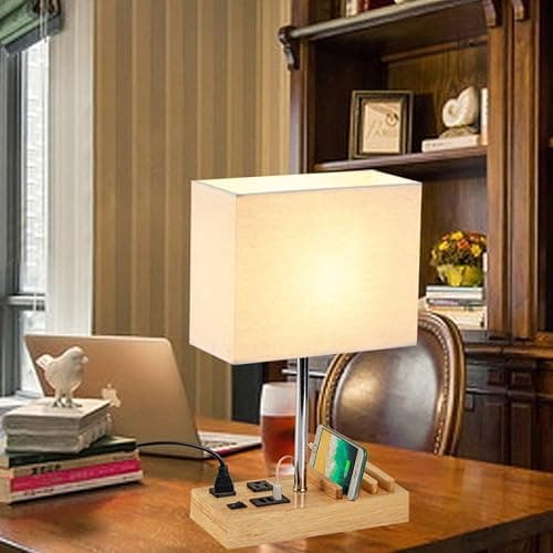 Dreamholder Desk Lamp with 3 USB Charging Ports, Table Lamp with 2AC Outlets and 3 Phone Stands, Nightstand Bedside Lamp with Natural Wooden Base and Cream Linen Shade thumbnail 6