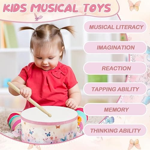 Boao 1 PC Kids Drum Set, 8 Inch Toddler Drum Wooden Toy with Adjustable Strap and 2 Drumsticks, Educational Sensory Musical Instrument for Toddlers Kid Baby Boys Girls Gift(Butterfly) thumbnail 5
