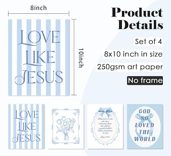 ULEGIE Coquette Blue Bow Bible Poster Wall Art Decor, Jesus Wall Art Decor,Blue Room Decor for Teen Girls, Bow Decor Bedroom, Light Blue Room Decor for Girls Room Living Room Bedroom, 8x10 Inches Unframed Set of 4 thumbnail 2