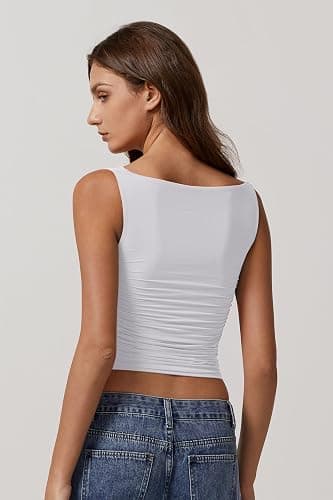 QINSEN Women's Cowl Neck Top Sleeveless Ruched Double Lined Crop Top Y2k T Shirts thumbnail 5