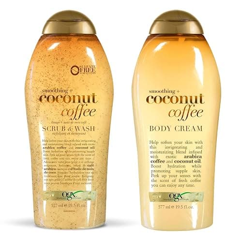 OGX Smoothing + Coconut Coffee Exfoliating Body Scrub with Arabica Coffee & Coconut Oil Coconut Body Cream, 19.5oz - Image 1