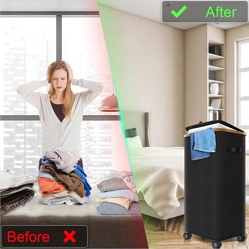 Laundry Hamper with Wheels,29 Gal (110L) Laundry Basket with lid Rolling Clothes Hamper Foldable Dirty Clothes Basket on wheels with Bamboo Frame and Bag for Bedroom, Dorm, Laundry Room-Black thumbnail 8