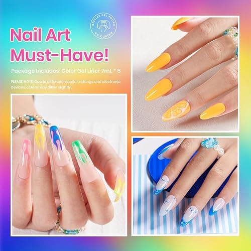Beetles Summer Gel Liner Nail Polish Set - 6 Neon Gel Nail Polish Colors Hot Pink Orange Blue Yellow Paint for Nails Built Thin Brush in Bottle Soak off Uv LED Lamp Nails Art thumbnail 3