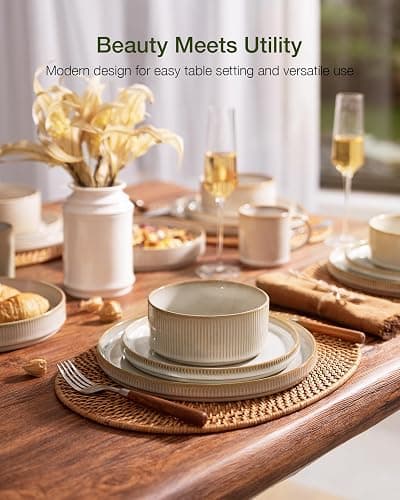 famiware Star Plates and Bowls Sets, Modern Stoneware Dinnerware Sets for 8, 24-Piece Kitchen Dish Set - Microwave and Dishwasher Safe, Chip and Scratch Resistant, Cappuccino White thumbnail 3