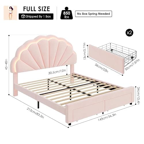 HIFIT Full Size Upholstered Smart LED Bed Frame with 2 Storage Drawers and Adjustable Chic Double Petal Headboard, Princess Platform Bed for Girls, Solid Wood Slats Support/No Box Spring Needed, Pink thumbnail 2