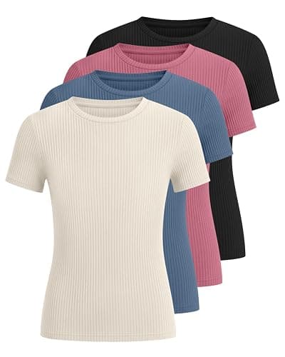 Oakgarden 4 Pack Girls T Shirts 5-14 Years Short Sleeve Ribbed Tops Crew Neck Slim Fit Summer Casual Cute Basic Tees for Kids thumbnail 3