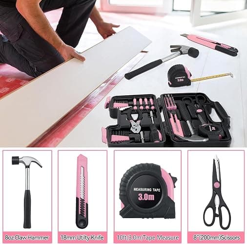 MARTCOLOR 58 Piece Household Tool Set, General Household Hand Tool Kit with Plastic Toolbox Storage Case, All Purpose Household Tool Kit for Women, Girls and Ladies, Pink thumbnail 4