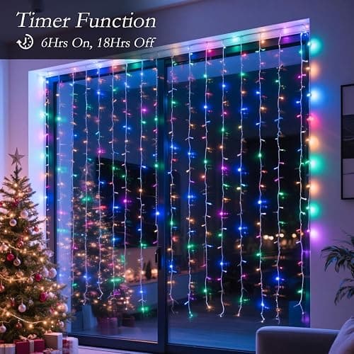 Soagrc 300 LED Rainbow Curtain String Lights 9.8 * 9.8FT Plug in Fairy with Timer and 8 Modes, Waterproof Window Wall Lights for Bedroom Wedding Party Indoor Outdoor Christmas Decor thumbnail 8