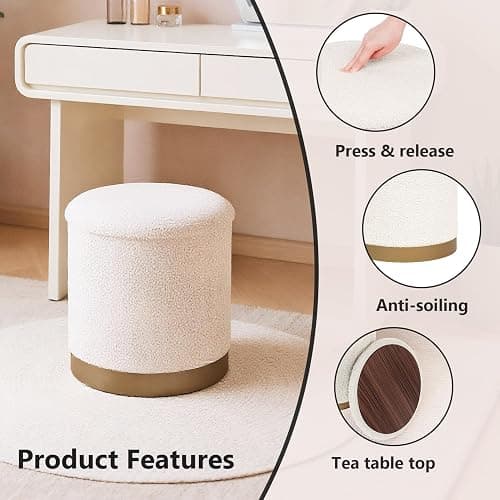 CAIPINFUL 15 Inches Round Storage Ottoman - Boucle Ottoman Foot Rest with Gold for Living Room,Bedroom and Dorm-White thumbnail 6