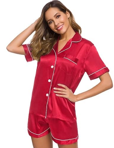 SWOMOG Womens Silk Satin Pajamas Set Short Sleeve Sleepwear Button Down Top and Shorts Loungewear 2 Piece Pjs Set XS-3XL thumbnail 4
