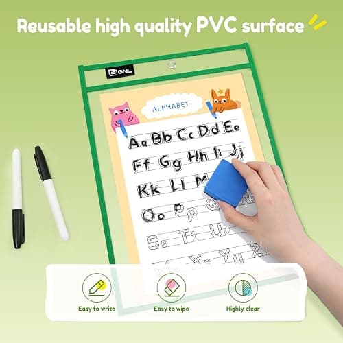 GNL Dry Erase Pocket Sleeves 30 Packs, Reusable Clear Plastic Ticket Holders with Rings, Durable & Easy-to-Erase Sheet Protectors, Assorted Colors 10x14 Inch for Classroom & School Teacher Supplies thumbnail 6