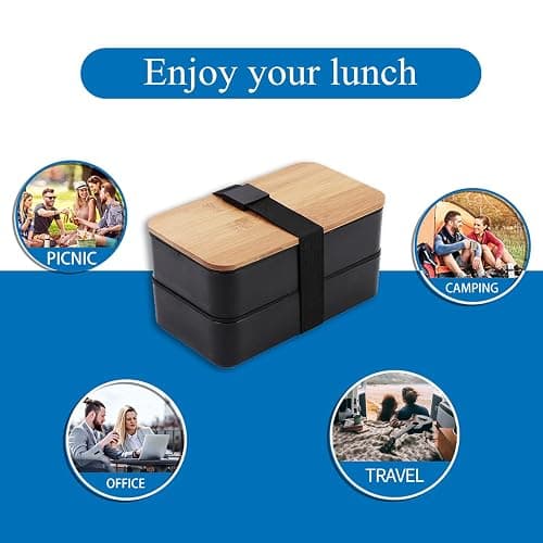 Japanese Bamboo Bento Box with Compartments and Utensils Stackable Lunch Box Includes Lunch Bag for Meal Prep Black thumbnail 6