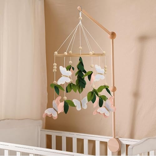 Butterfly Mobile for Crib - A Beautiful Butterfly Handmade Crib Mobile with Green Leaves, Pink, White and Gold Detail for a Nature or Wildflower Theme Nursery thumbnail 2