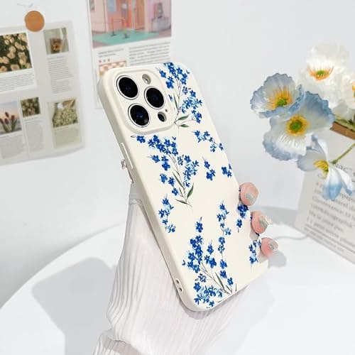 NITITOP Compatible with iPhone 13 Pro Max Case Cute Flower Floral Branch Leaves Pattern for Women Girls Trendy Slim Fit TPU Bumper Silicone Shockproof Full Camera Protection Cover - Blue thumbnail 7