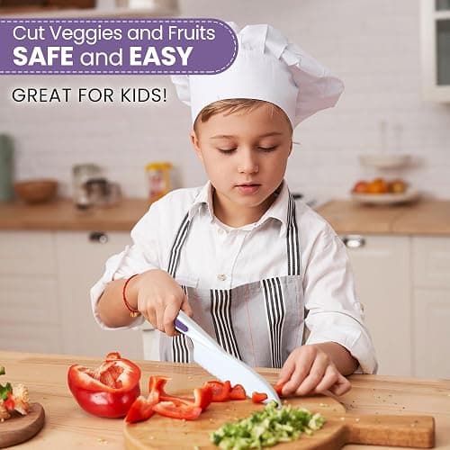 Zulay 3-Piece Kids Knife Set for Real Cooking & Baking - Toddler Knives for Cutting Fruits, Veggies, & Cake - Children’s Montessori Knife with Serrated Edges - Safe & Fun Lettuce Knife (Purple) thumbnail 5