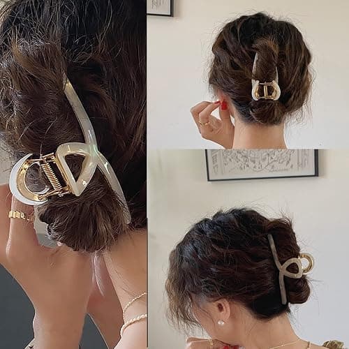 3 Pack Large Metal Acetate Hair Claw Clips Big Non Slip Hair Clamp for Women Hair Accessories as Gift for Medium to Thick Hair (3pcs/box,Ivory White,Gray,Leopard Print) thumbnail 3