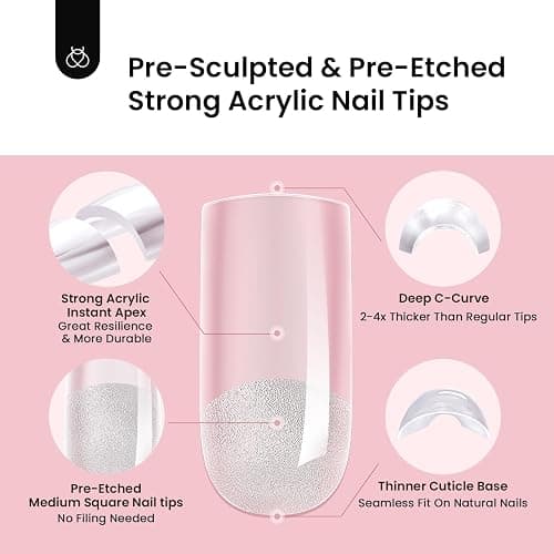 Beetles Tipex Instant Apex Nail Tips Medium Square, Pre-building Pre-Etched Half Matte Thicker Acrylic Nail Strong Full Cover False Nail Extension Building 192 Pcs 16 Sizes thumbnail 5