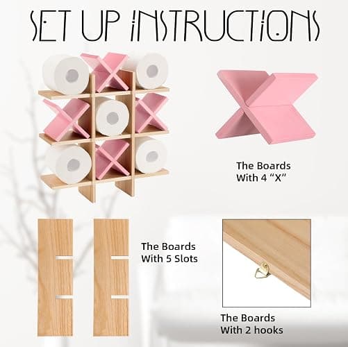 Weysat Tic Tac Toe Toilet Paper Holder Stand Bathroom Wall Decor Rustic Wooden Hanging Storage Freestanding Wall Mounted Shelves Decor for Toilet Tissue Farmhouse(Wood Color, Pink) thumbnail 3