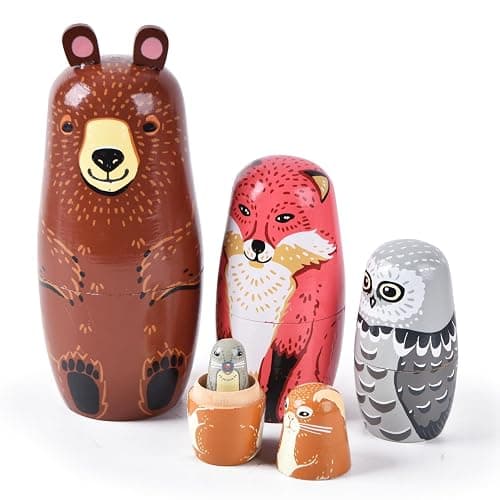 Tngan Russian Nesting Dolls, Bear Wooden Stacking Set, 5 Pcs | Bear Animal Design, Wooden 5-Piece Stacking Set, Display Decor, Gift for Kids and Collectors - Image 1