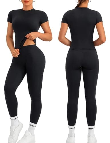 Relety Womens Two Piece Workout Sets Slim Fit Short Sleeve Shirt High Waist Leggings Yoga Outfits Matching Gym Set - Image 1