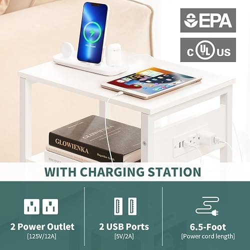Yoobure Record Player Stand, 3-Tier White Side Table with Charging Station, Small End Table Record Holder with Vinyl Storage, Beside Tables Turntable Stand for Album CD, Night Stand for Living Room thumbnail 4