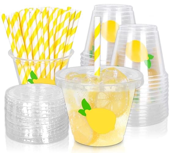 Whaline 100 Pcs Lemon Disposable Plastic Cups with Lids and Straws 9 Oz Party Cups Yellow Lemon Cold Beverage Drinking Cup for Iced Coffee Smoothie Juice Tea - Image 1