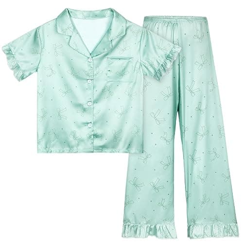 MHJY Schlafanzug Mädchen Set 8-14 Jahre, Kurzarm Pyjama mit Knopfleiste und Lange Hose, Weiches Seidig Nachtwäsche Kinder Teenager PJS - Image 1