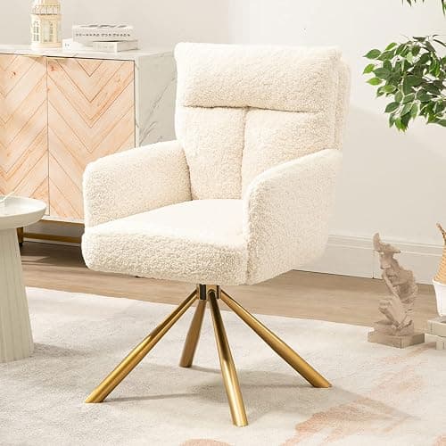 Ugijei Teddy Office Desk Chair No Wheels, Modern Vanity Chair with Gold Legs, Boucle Comfy Swivel Accent Chair, Wide Seat Computer Task Reading Armchair for Living Room Home Office (Beige) thumbnail 8