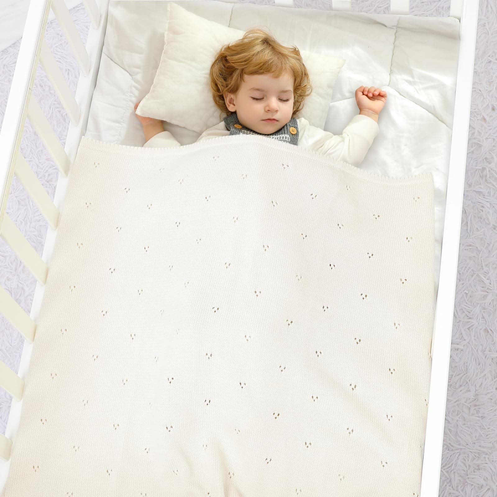 Baby Blanket 100% Cotton Cellular Blanket Baby Soft Cosy Knitted Blanket Cream 100x80cm thumbnail 4