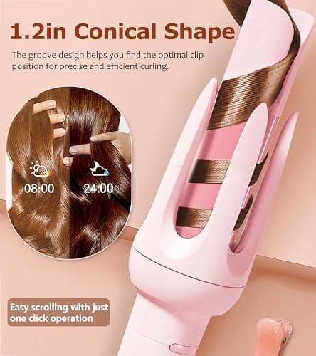 Auto Hair Curler, Automatic Curling Iron with 4 Temperature & 3 Timer, Automatic Shut-Off, Anti-Scald, Anti-Tangle Rotating Curling Wand for Hair Styling, Pink thumbnail 2