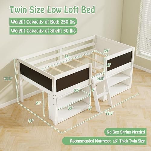 KOMFOTT Twin Size Low Loft Bed, Kids Loft Bed Frame with Movable Storage Shelves, Chalkboard & Ladder, Solid Wood Twin Bed with Under-Bed Play Area for Kids, Boys & Girls, No Box Spring Needed, White thumbnail 3