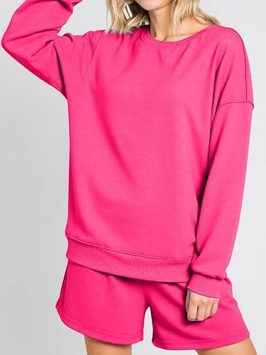 Tankaneo Womens Oversized 2 Piece Outfits Sweatsuit Casual Long Sleeve Crewneck Sweatshirts Sweat Shorts Fall Lounge Sets thumbnail 3