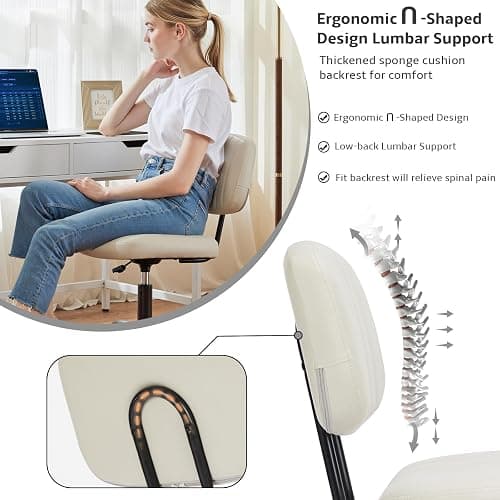 NEWBULIG Armless Small Office Desk Chair with Low Back Lumbar Support, PU Leather Computer Vanity Chair with 360° Swivel Rolling Wheels, Height Adjustable Task Chair for Small Space, White thumbnail 3