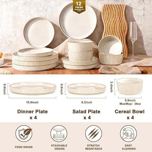 Feastly Stoneware Dinnerware Sets for 4, 12 Pcs Ribbed Reactive Glaze Ceramic Plates and Bowls Sets, Chip Resistant, Microwave Dishwasher Safe Dish Set, Housewarming Gifts, Cappuccino White thumbnail 4