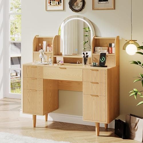 Oxirth Wood Vanity Desk with Mirror and Lights, Fluted Makeup Vanity Table with 7 Drawers and Storage, Oak Vanity, Boho Vanity, Make Up Dressing Table for Bedroom - Image 1