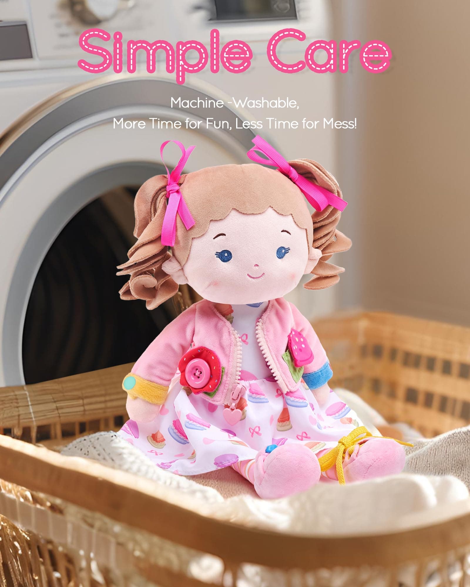 LeyaDoll Learning Sensory Doll (16") for Toddlers, Montessori Toys for 2-Year-Old Girls Christmas, Birthday Gifts, Plush Doll with Zipper, Shoelace, Button-Busy Flora Girl-Cupcake Girl thumbnail 5
