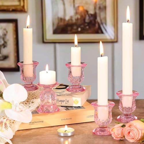 sunnyfuture 10pcs Pink Candlestick Holders, Glass Taper Candle Holders for Table Centerpiece Decor, Wedding, Birthday, Gift thumbnail 2