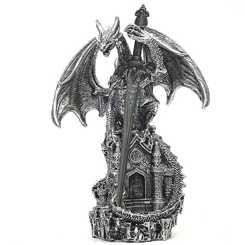 Hmusnwol Dragon Statue with Medieval Sword-Collection Figurine Fantasy Decor - Silvery Dragon Standing Gothic Castle for Tabletop Bookshelf Housewarming Gifts - Image 1