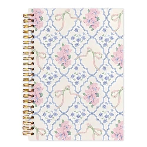 ZOFGUO Grandmillennial Pink and Blue Floral Spiral Notebook Journal, Coquette Bow Grandmillennial Flower Journal Notebooks for Note Taking, Chinoiserie Floral Hardcover Notebook, 5.5x8.3 Inch - Image 1