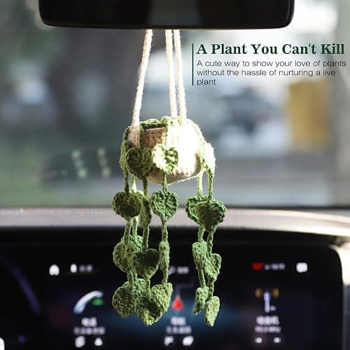 Cute Crochet Plant for Rear View Mirror, Boho Handmade Car Mirror Hanging Accessory for Women & Girls, Green Interior Aesthetic Decor Truck Hanger Ornament Charm thumbnail 2