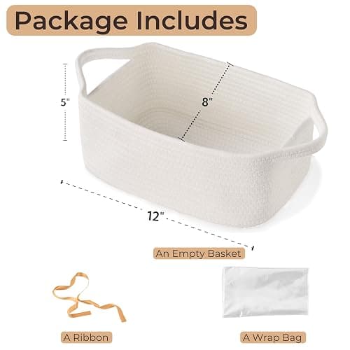 KODOMOORE Gift Basket Empty, Small Baby Shower Basket for Gifts, White | Gift Bag & Ribbon Included | 12x8x5 in | Woven Cotton Rope | Sturdy Handles | Cute Basket for Baby Boy Girl thumbnail 3