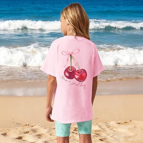 BINTEHGS Girls Cute Graphic Tees Kids Bow Cherry Shirt Aesthetic Short Sleeve T Shirts Casual Summer Crew Neck Top Clothes thumbnail 6