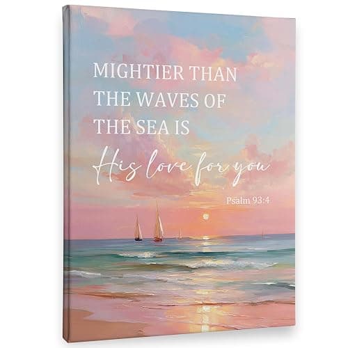 PHAMTE Christian Coastal Beach Landscape Wall Art Decor Canvas 11x14, Pink Beach Pictures Decorations, Religious Bible Verses Coastal Framed Prints Artwork for Home Bedroom Living Room Decor - Image 1