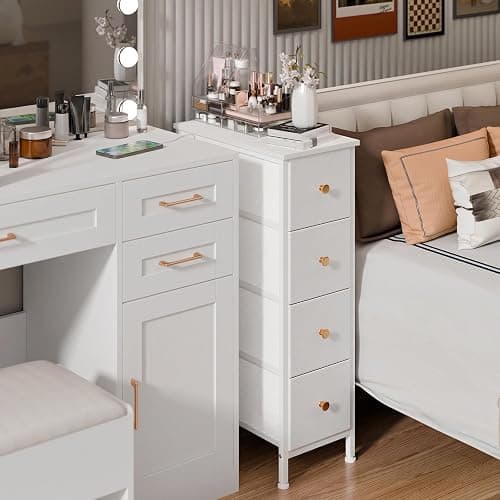 Fixwal Narrow Storage Cabinet, Slim Dresser with 4 Fabric Drawers, White | 9.5in width, sturdy & stable structure, solid steel frame, wooden top, suitable for bedroom, bathroom & laundry room thumbnail 5