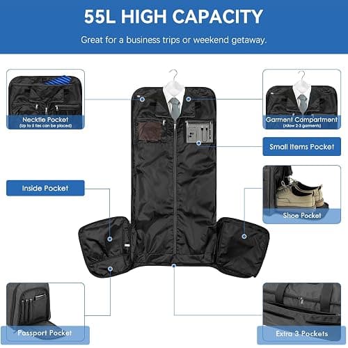 Garment Duffle Bags for Travel, Bukere Convertible Carry on Garment Duffel Bag for Men Women, Shoe Compartment, 2 in 1 Hanging Dress Suitcase Suit Travel Bags, Midnight Grey thumbnail 4