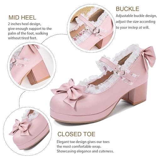 LUXMAX Women Kawaii Mid Block Heel Mary Jane Rockabilly Pumps with Bow Platform Chunky Heel Cute Sweet Shoes thumbnail 2