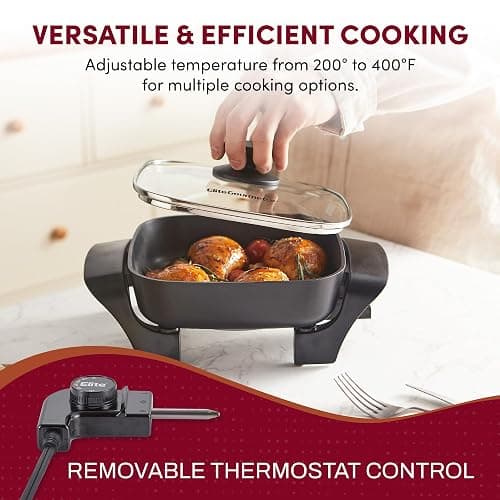 Elite Gourmet EG808 8” x 8" Non-stick Electric Skillet, Dishwasher Safe with Tempered Glass Vented Lid, Rapid Heat Up, 600W, Black thumbnail 5