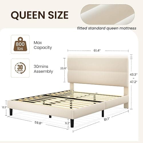 GRUSIGN Queen Size Platform Bed Frame with Velvet Headboard, Adjustable Height Wooden Slats Support, Upholstered Mattress Foundation, Fits Mattress or Mattress with Box Spring, Easy Assembly, Beige thumbnail 2