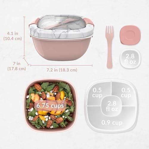 Bentgo Salad Container - 54 oz Bowl with 4-Compartment Toppings Tray, Dressing Container, Reusable Fork, BPA-Free Lunch Box for Meal Prep & Food Storage; Removable Bento Tray (Blush Marble) thumbnail 2